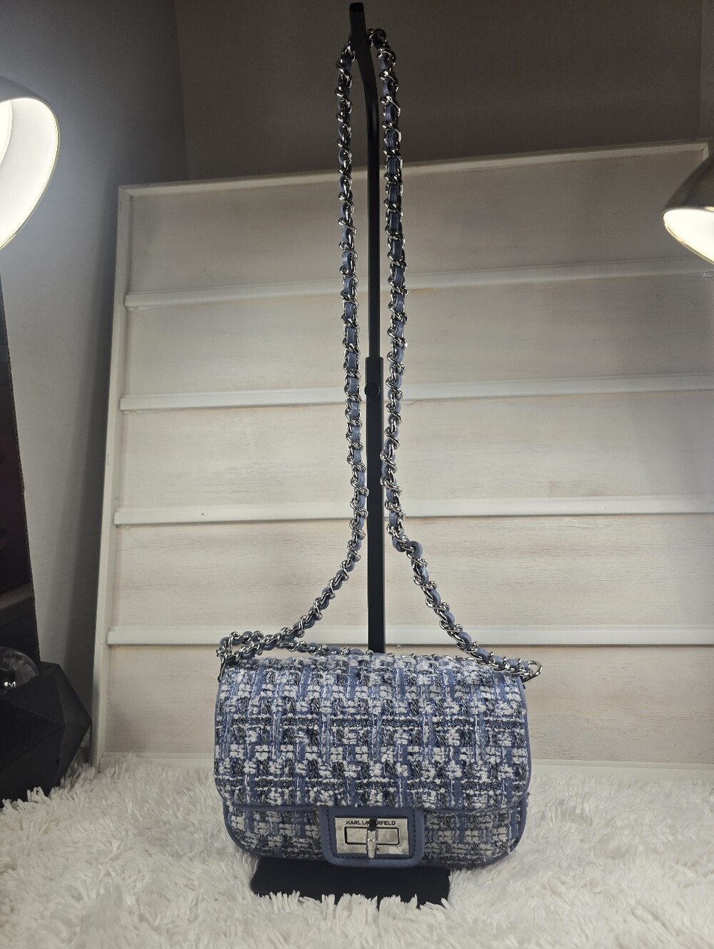 KARL LAGERFELD Blue multi Tweed Chain Shoulder Bag/crossbody